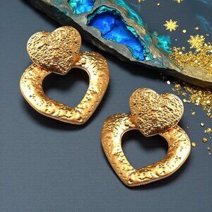 Boho Chic Heart Textured Statement Earrings 18K Gold Plated Stainless Steel